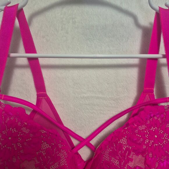 Torrid Hot Pink Lace Bra 50B Strappy Padded Sexy Plus Size Lingerie - Picture 3 of 10